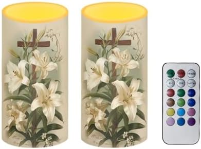 Easter Day Flameless Candles Battery Operated Candles with Timer Remote, 2 Pack Cross Lily Flower Print LED Pillar Lights for Home Party Decor Battery Tea Lights by Merkmak