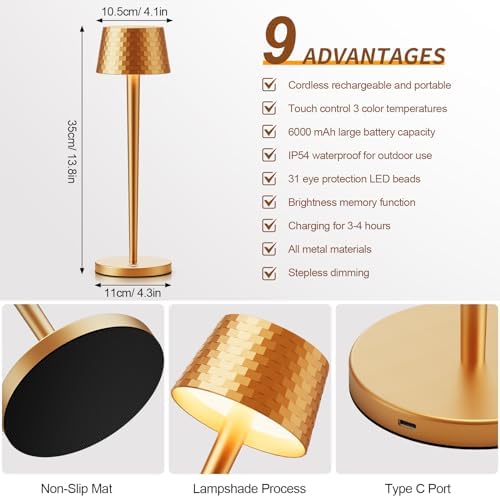 Cordless Table Lamps Rechargeable, 6000mAh Battery Operated LED Desk Lamp Outdoor Waterproof Portable Touch Dimmable Table Night Light for Patio Restaurant Dining (Gold) - Image 4
