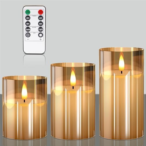 VIEWELLD Gold Glass Flameless Candles with Remote and Timer, Battery Operated Candles, LED Pillar Candles, Electric Fake Candles for Home Festival Party Decor. by VIEWELLD