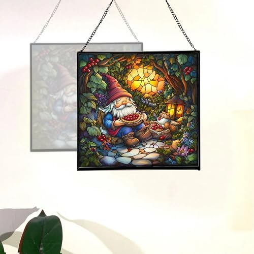 Berry Pie Gnome Picnic Stained Glass Suncatcher – Square Hanging Window Panel for Home or Greenhouse – Whimsical Glass Art Gift for Garden Lovers, Christmas, Halloween, Father Days jRypDB - Image 4