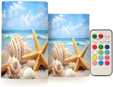 ALAZA Starfish Shells Beach Flameless Candles, LED Pillar Candles with Remote Timer, Battery Operated Candles Set of 2 by ALAZA