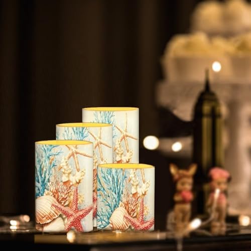 GLENLCWE Blue Beach Starfish Seashell Flameless Candles Battery Powered LED Candle with Remote Timer Color Changing Control Set of 4 for Indoor Outdoor Beach Wedding Coastal Home Decorations - Image 2
