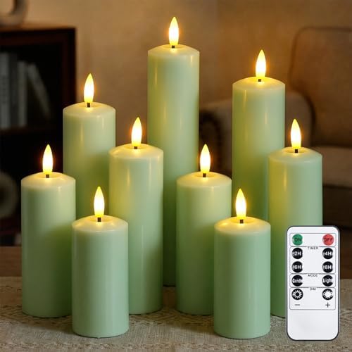Pack of 9 Real Wax Pillars Flameless Candles with Remote, 400H Battery Operated Flickering LED 3D-Wick Warm Lights, 2/4/6/8H Timer for Home Decor(2" x 4" 4" 5" 5" 6" 6" 7" 8" 9" Sage Green) by Mavandes