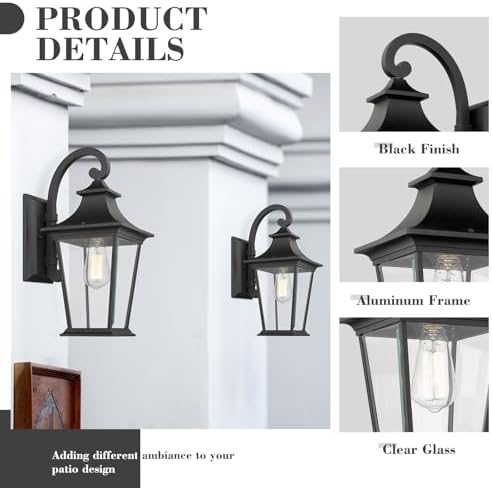 Emliviar Outdoor Wall Lantern, 1-Light Exterior Wall Mount Light with Clear Glass in Black Finish, 18" Height, 500181 - Image 2