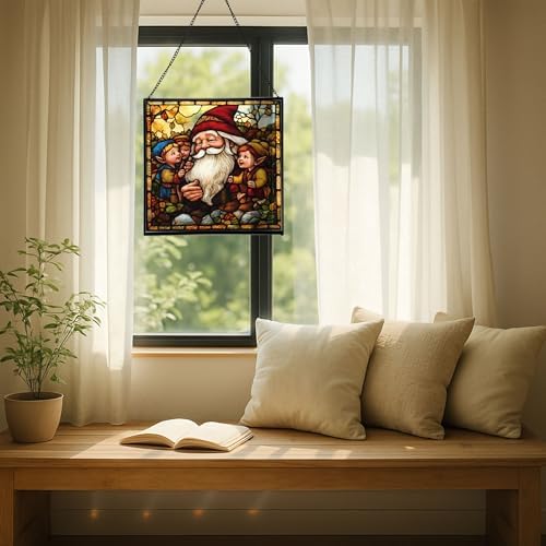 Gnome with Wisdom Sharing Stained Glass Suncatcher – Square Hanging Window Panel for Home, Garden, Nursery, Halloween, Christmas, Memorial Day – Whimsical Glass Art Gift for Gnome Lovers 8w975r - Image 7