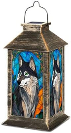 Solar Lantern Wolf Stained Glass Blue Orange Mosaic Wildlife Art Outdoor Waterproof Hanging Solar Light Outside Lights for Patio Yard House Lawn Decor Birthday Gifts for Women Mom by Unknown
