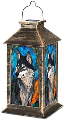 Solar Lantern Wolf Stained Glass Blue Orange Mosaic Wildlife Art Outdoor Waterproof Hanging Solar Light Outside Lights for Patio Yard House Lawn Decor Birthday Gifts for Women Mom by Unknown