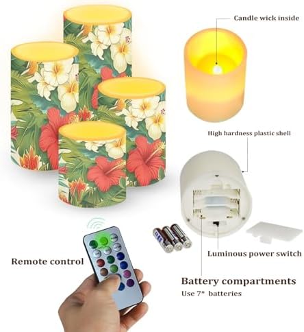 Flameless Candles with Remote Tropical Floral Leaves Battery Operated Candles with Timer Pack of 4 LED Pillar Tea Lights for Coastal Home Hotel Restaurant Decorations - Image 2