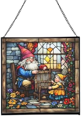 Gnome Weaving Stained Glass Suncatcher – Square Hanging Window Panel for Home, Garden, Nursery, Halloween, Christmas, Memorial Day – Whimsical Glass Art Gift for Gnome Lovers dvs12p by Custom