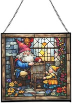 Gnome Weaving Stained Glass Suncatcher – Square Hanging Window Panel for Home, Garden, Nursery, Halloween, Christmas, Memorial Day – Whimsical Glass Art Gift for Gnome Lovers dvs12p by Custom
