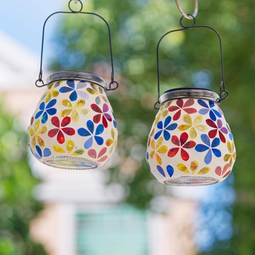 Stargarden 4Pack Mosaic Solar Lanterns, Flower Glass Hanging Lantern - Image 6
