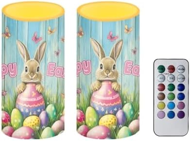 Flameless LED Candles with Remote Battery Operated Candles with Timer 2 Pack Outdoor Lanterns for Porch Pillar Lights for Home Decor, Happy Easter Rabbit Egg Print by Merkmak