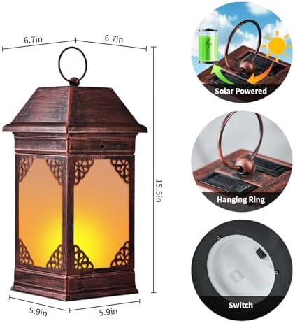 15.5" Solar Lanterns Outdoor Waterproof, Glass Flickering Flame Solar Lantern, Hanging Metal Lantern Decorative for Patio Front Porch Garden Backyard Tabletop Party Decoration - Image 2