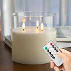 Extra Large Flameless Candles with 3 Wicks, 6"x6" Glass Battery Operated Candles with Remote, Real Wax Flickering LED Candles Fake Candle for Home, Wedding, Party, Clear by AFINETH