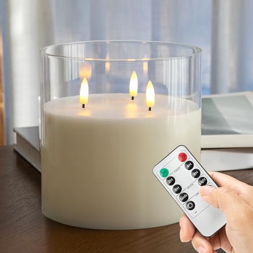 Extra Large Flameless Candles with 3 Wicks, 6"x6" Glass Battery Operated Candles with Remote, Real Wax Flickering LED Candles Fake Candle for Home, Wedding, Party, Clear by AFINETH