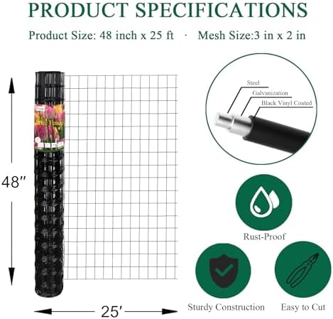 Black PVC Coated Welded Wire Fence 48" x 25' Roll, 2"x3" Mesh, 16 Gauge - Image 3