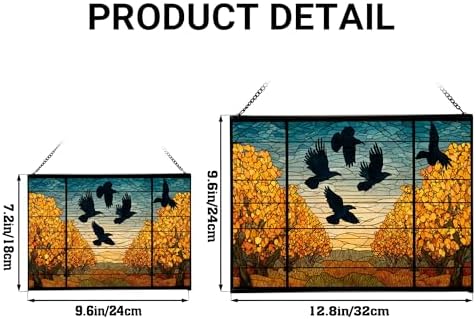 Crows Flying Over Autumn Orchard Rectangular Stained Glass Suncatcher – Hanging Window Panel with Animal & Nature Scene – Vibrant Glass Art Gift for Wildlife, Fantasy, Nature Lovers 90NTOm - Image 4