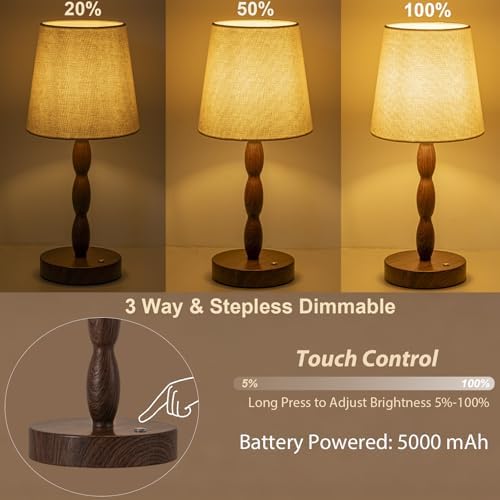 CASTLELIFE Rechargeable Cordless Table Lamp, 5000mAh Battery Powered Touch Desk Lamp, 3-Level & Stepless Dimmable Night Light, Portable Bedside Lamp for Bedroom, Outdoor, Bulb Included, Walnut Grain - Image 2