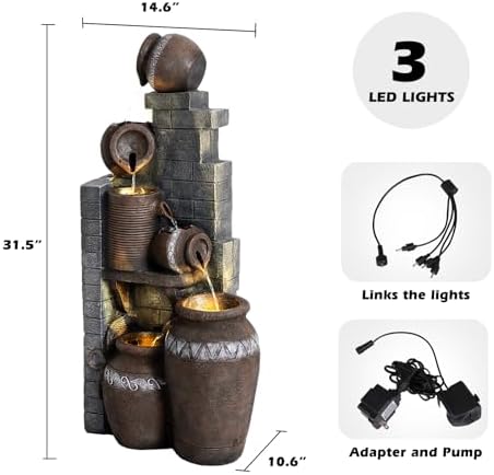 Grepatio Outdoor Water Fountain, Garden Waterfalls Fountains with LED Lights, 6 Tier Modern Indoor/Outdoor Floor Standing Water Fountain for Garden, Patio (10.6"(L) x 14.6"(W) x 31.5"(H)) - Image 7