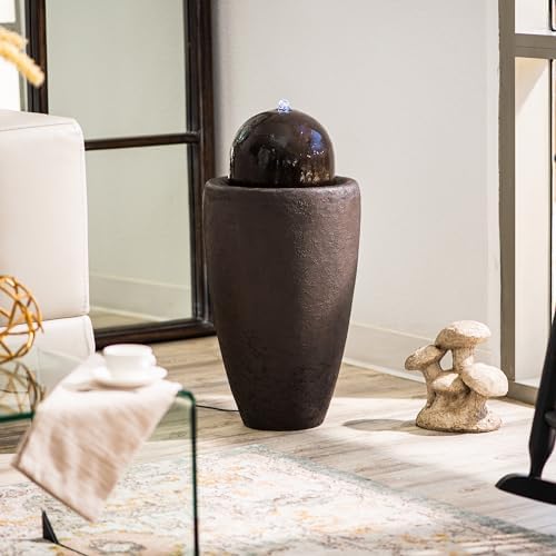 XBrand 25.98" H Brown Round Stone Indoor/Outdoor Modern Sphere Water Fountain with LED Lights – Ball Bubbling Fountain Décor for Garden, Patio, or Tabletop - Image 2