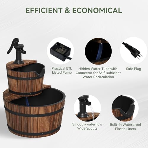 Aoxun 2-Tier Outdoor Water Fountain, Wood Barrel Cascading with Electric Decorative Hand Pump, Rustic Waterfall Fountain for Garden, Backyard, Patio, Porch, Yard - Image 7