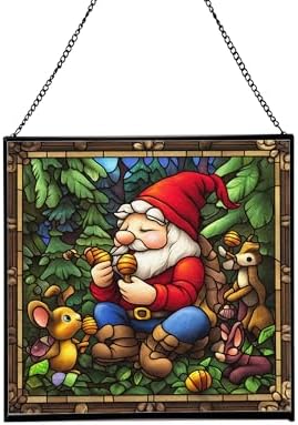 Gnome with Acorn Whistles Stained Glass Suncatcher – Square Hanging Window Panel for Home, Garden, Nursery, Halloween, Christmas, Memorial Day – Whimsical Glass Art Gift for Gnome Lovers a2mqwg by Custom