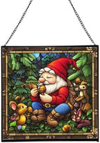 Gnome with Acorn Whistles Stained Glass Suncatcher – Square Hanging Window Panel for Home, Garden, Nursery, Halloween, Christmas, Memorial Day – Whimsical Glass Art Gift for Gnome Lovers a2mqwg by Custom
