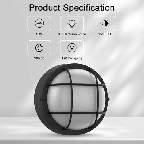 8" Nautical Outdoor Light-Black Round Bulkhead LED Lights,Sauna Light Fixture Outdoor 8" Nautical Bulkhead Light 3000K,1500LM,15W LED Outside Wall Lights - Image 2