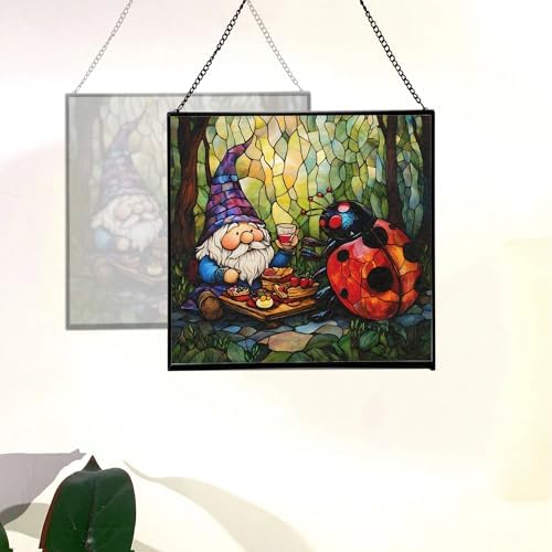 Lady.Bug Picnic Gnome Stained Glass Suncatcher – Square Hanging Window Panel for Home or Greenhouse – Whimsical Glass Art Gift for Garden Lovers, Christmas, Halloween, Father Days YBksu9 - Image 4