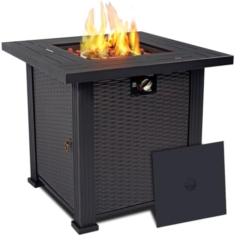 28'' Propane Fire Pit Table, 50,000 BTU Fire Table with Steel Lid, Big Legs, Laval Rocks. by Senjoys