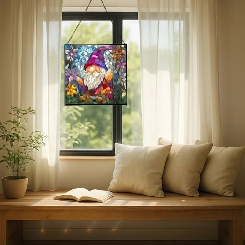 Gnome with Crystal Flowers Stained Glass Suncatcher – Square Hanging Window Panel for Home or Greenhouse – Whimsical Glass Art Gift for Garden Lovers, Christmas, Halloween, Father Days L3qupH - Image 7