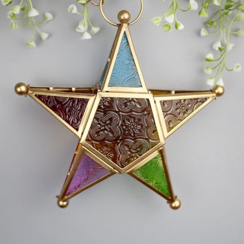 Windproof Tealight Holder Antique Multicolored Glass Moroccans Styles Home Garden Hanging Lamp Ornament Gift Colored Glass Wind Lamp Holder - Image 6