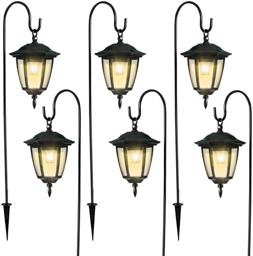 Dynaming 6 Pack Solar Hanging Lights Outdoor, Solar Powered Garden Decorative Lanterns with 6 x 38 Inch Shepherd Hooks, Waterproof Landscape Lighting for Lawn Patio Yard Pathway Driveway, Warm White by Dynaming