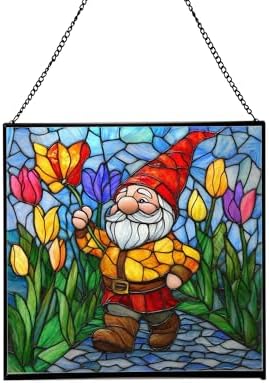 Gnome with Tulip Parade Stained Glass Suncatcher – Square Hanging Window Panel for Home or Greenhouse – Whimsical Glass Art Gift for Garden Lovers, Christmas, Halloween, Father Days ScCBi1 by Custom