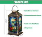 Solar Lantern Blue Dragonfly Stained Glass Colorful Floral Outdoor Waterproof Hanging Solar Light Outside Lights for Patio Yard House Lawn Decor Birthday Gifts for Women Mom - Image 2