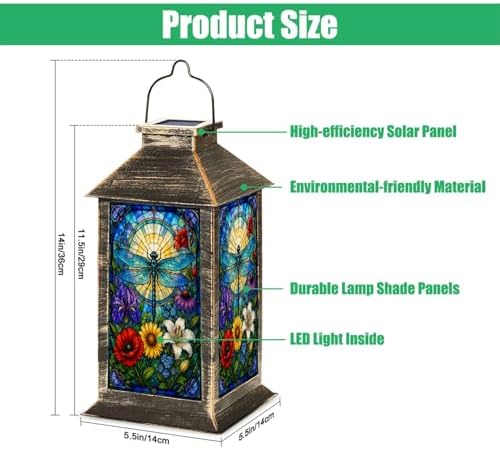 Solar Lantern Blue Dragonfly Stained Glass Colorful Floral Outdoor Waterproof Hanging Solar Light Outside Lights for Patio Yard House Lawn Decor Birthday Gifts for Women Mom - Image 2