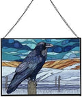 Raven Sitting on Frosted Fencepost Rectangular Stained Glass Suncatcher – Hanging Window Panel with Animal & Nature Scene – Vibrant Glass Art Gift for Wildlife, Fantasy, Nature Lovers U61mJ6 by Custom
