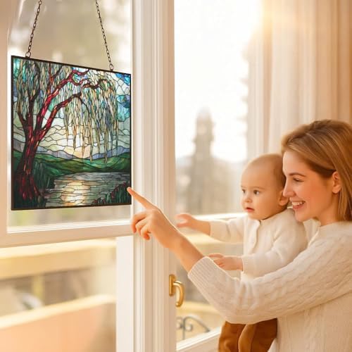 Art Nouveau Willow Pond Tree Stained Glass Window Hanging, Colorful Sun Catchers Glass Panel Rectangle Suncatcher Decor for Birthday for Women, Men, Wife, Aunt, and Mom 15"x11" - Image 5
