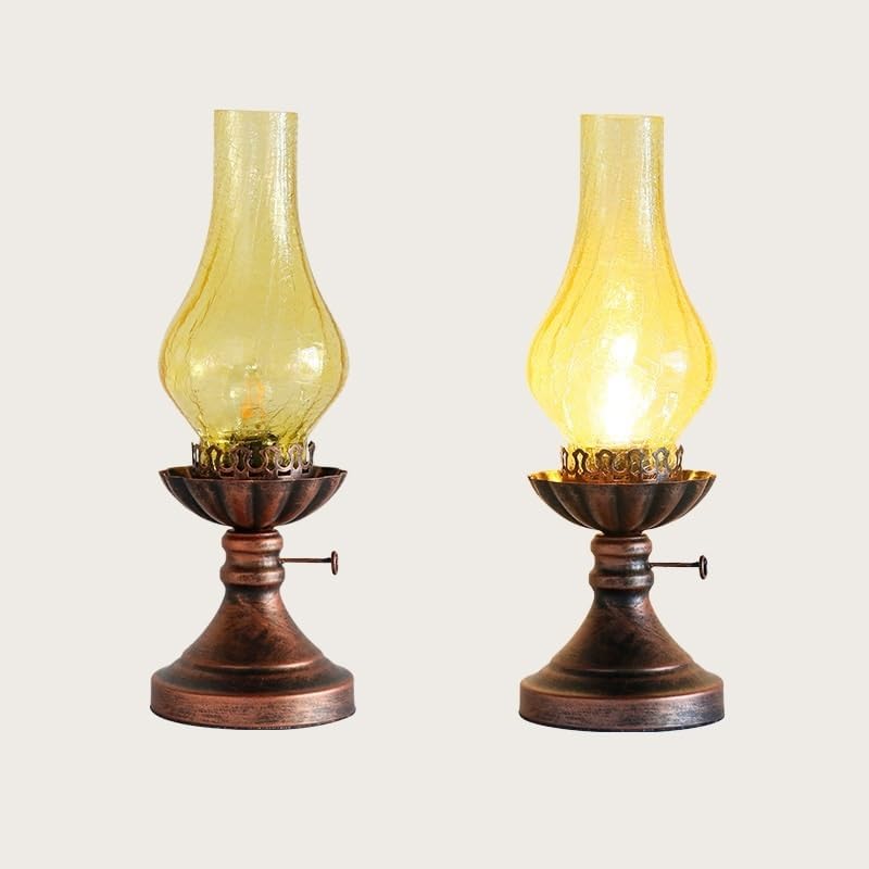 Vintage American Village Style Desk Light Industiral Table Llight with Glass Lampshade Old Style Kerosene Lamp Table Lamp Wrought Iron Metal Farmhouse Nightstand Lamps(Brown) - Image 4