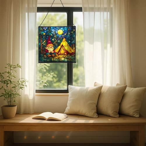 Night Camp Gnome Stained Glass Suncatcher – Square Hanging Window Panel for Home or Greenhouse – Whimsical Glass Art Gift for Garden Lovers, Christmas, Halloween, Father Days zeJ7nJ - Image 7
