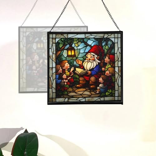 Gnome Storyteller Stained Glass Suncatcher – Square Hanging Window Panel for Home, Garden, Nursery, Halloween, Christmas, Memorial Day – Whimsical Glass Art Gift for Gnome Lovers 6ue5qx - Image 4