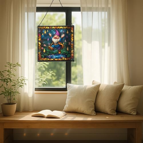Raindrop Dance Gnome Stained Glass Suncatcher – Square Hanging Window Panel for Home or Greenhouse – Whimsical Glass Art Gift for Garden Lovers, Christmas, Halloween, Father Days yzbjUI - Image 7
