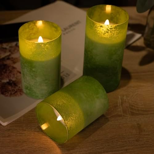 Flameless Candles Set of 3 Green LED Pillar Candles with Remote Timer - Image 5