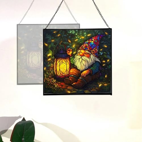 Lantern Gnome Glow Stained Glass Suncatcher – Square Hanging Window Panel for Home or Greenhouse – Whimsical Glass Art Gift for Garden Lovers, Christmas, Halloween, Father Days TWeAHz - Image 4