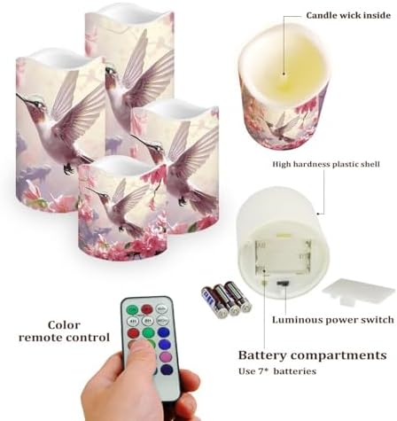 Hummingbird Floral Flickering Flameless Candles Pillar LED Candles with Remote and Timer Set of 4 Color Changing Battery Operated Candles for Home Wedding Birthday Decor - Image 3
