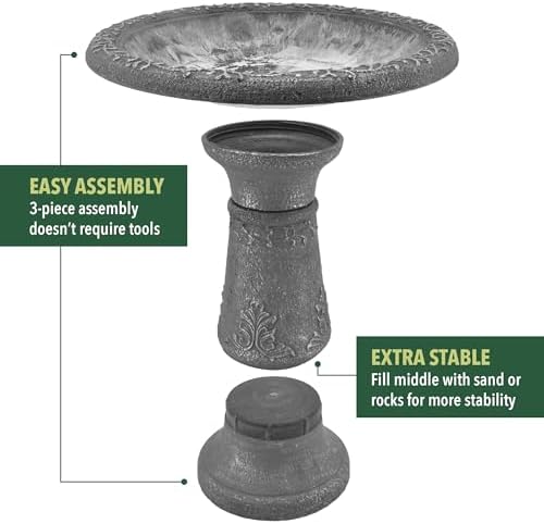 Arcadia Garden Products BB05 Fiberclay Bird Bath Outdoor Garden Decor, Antique Vintage Weather Resistant Water Bowl for Backyard and Patio and, 20-inch Tall, Black - Image 2