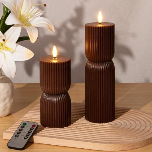 Brown Flameless Candles with Remote Timer, Fall Pillar Candles 3x4 & 3x8 In by SEHNSY