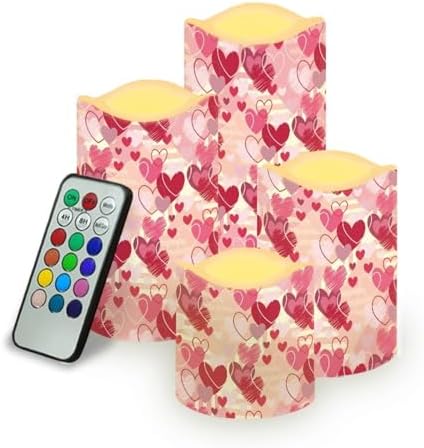 Pink Heart Theme Plastic Flameless Candles with Remote Control and Timer LED Flickering Battery Electric Pillar Candles for Table Valentine's Day Decoration by Uorisanigo