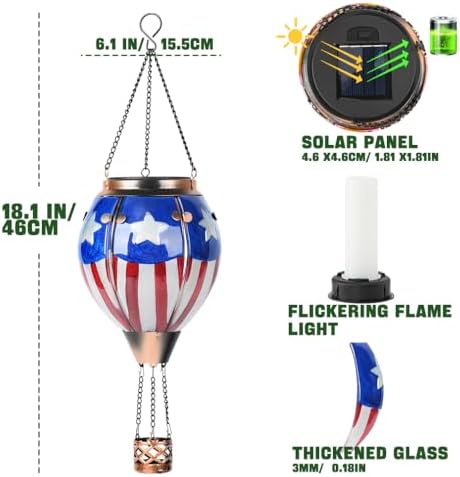 Hot Air Balloon Solar Lantern - U.S Flag Patriotic Glass Lantern, Simulated Flickering & Dancing Flame, Outdoor Hanging Yard Light Waterproof IP65, Ideal 4th of July Gift for Patriot Patio Decor - Image 6