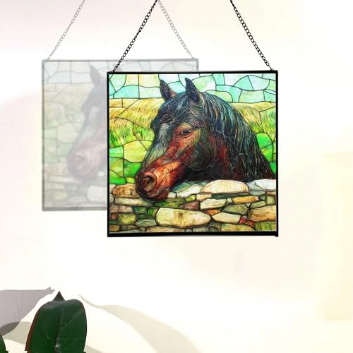 Black Morgan Horse Watching Over Stone Wall Square Suncatcher – Stained Glass Style Window Panel with Pastoral Scene, Custom Decorative Hanging Art for Equestrian Home, Christmas 29WWnX - Image 4